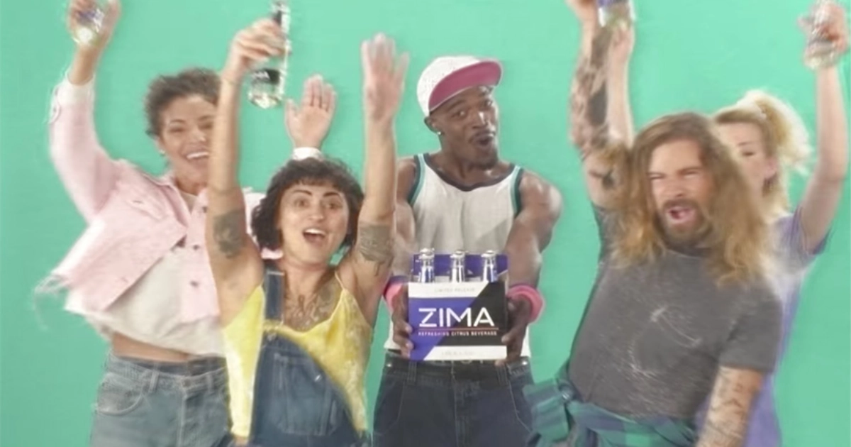 Coors People cheering in Zima commercial holding six-pack of bottles