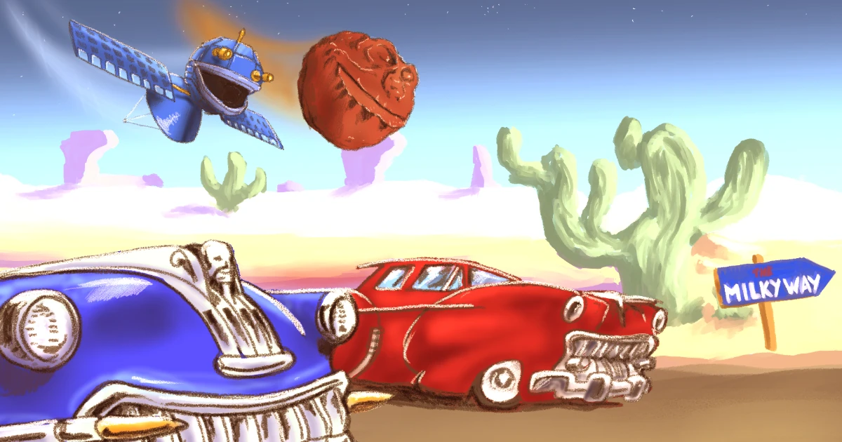 Cartoon red and blue cars beside a Milky Way signpost