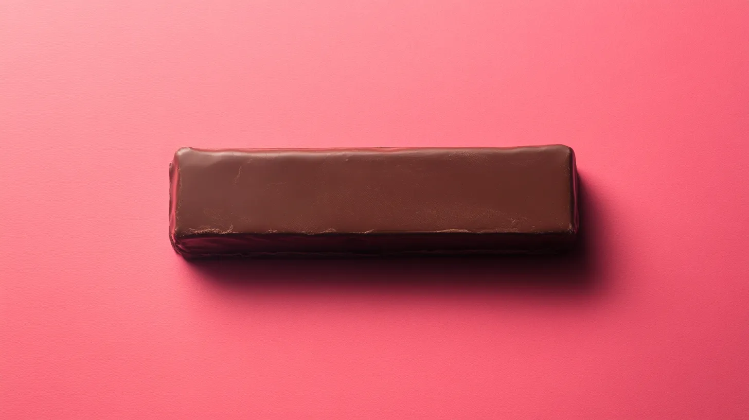 Unwrapped chocolate candy bar on a pink background