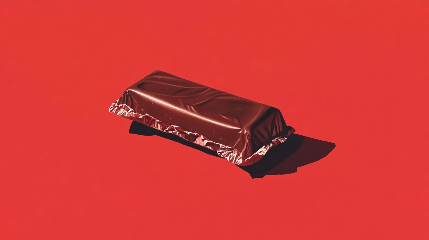 Chocolate bar in an open foil wrapper © History Oasis Chocolate candy bar in an open foil wrapper on red background
