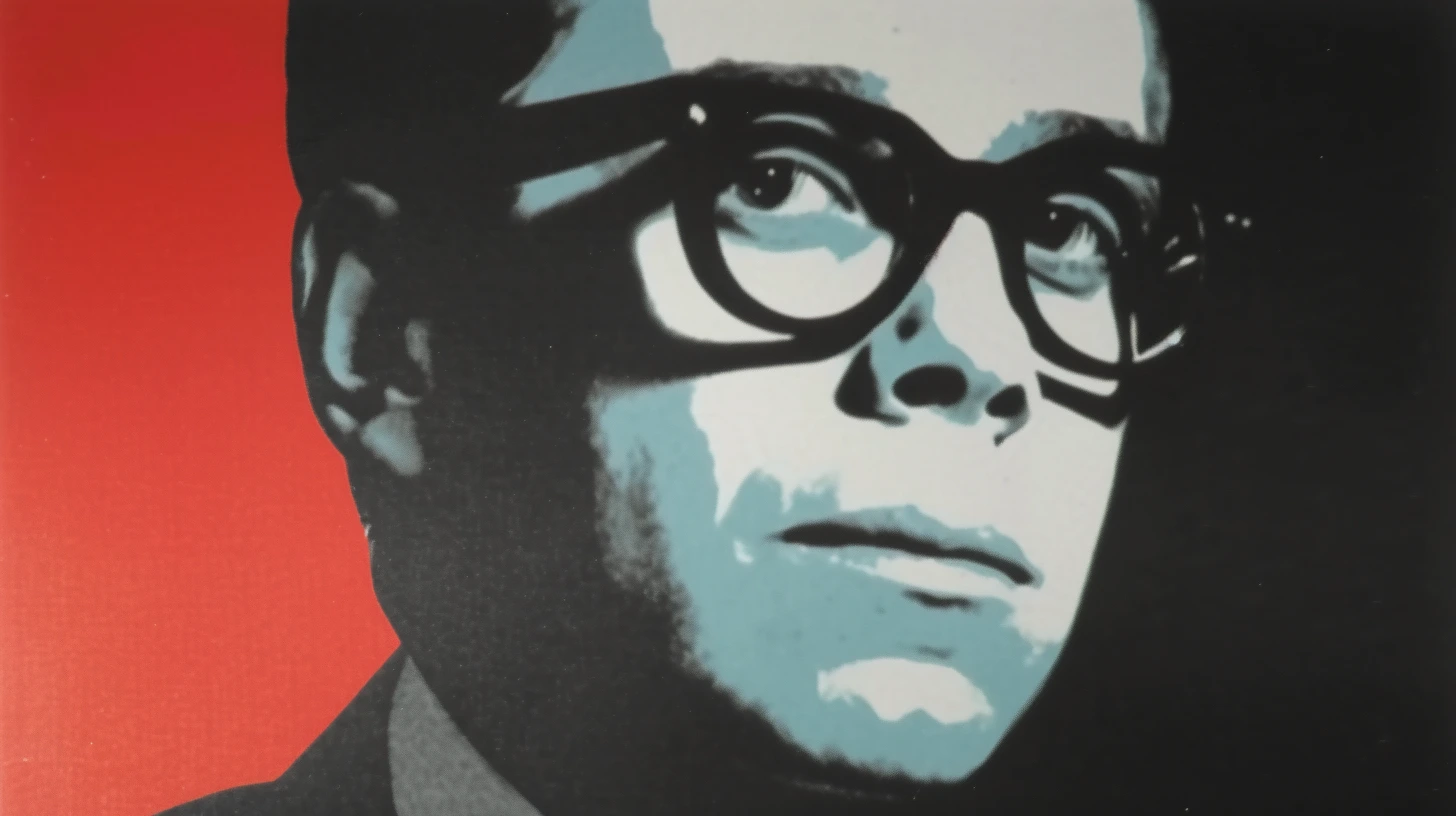 Frank Shrontz, the lawyer-turned-Pentagon-official who ran Boeing for a decade © History Oasis Frank Shrontz in heavy black-framed glasses, rendered as a red and cyan screenprint