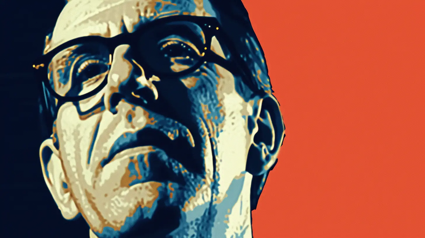 Harry Stonecipher, brought out of retirement to fix Boeing's ethics and removed over his own © History Oasis Harry Stonecipher looking upward in heavy glasses, stenciled in blue and cream against orange