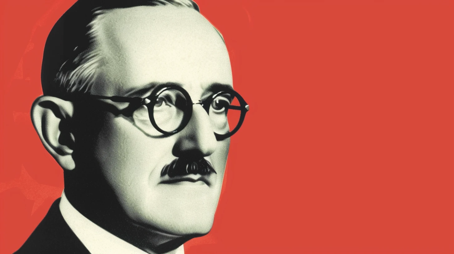 Boeing founder William E. Boeing, rendered in the flat two-color style of a period airline poster © History Oasis Portrait of Boeing founder William E. Boeing in round spectacles and a dark suit against a flat red field