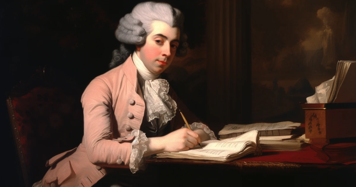 Temple at work on his grandfather’s papers © History Oasis Illustration of William Temple Franklin writing with a quill pen