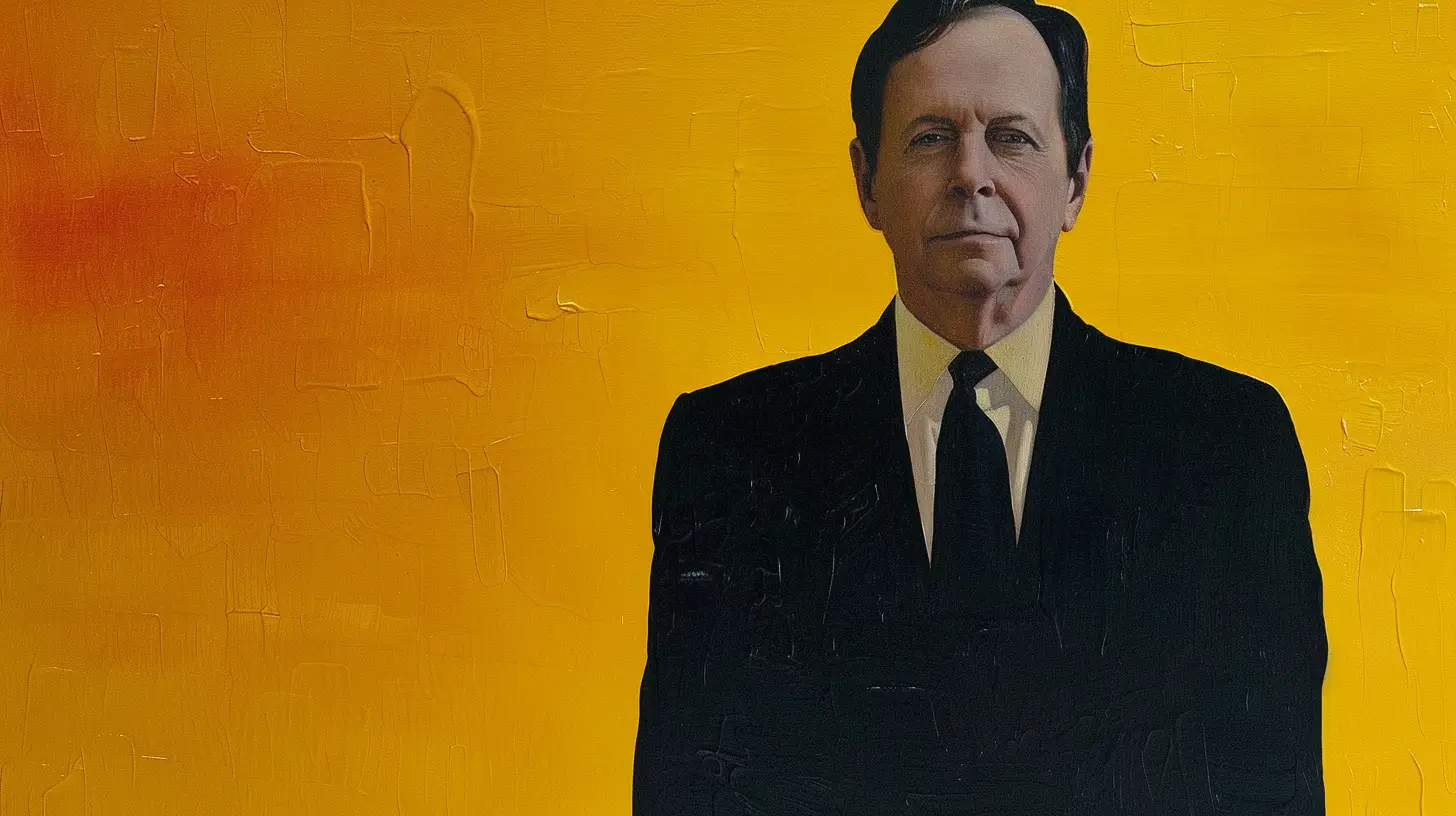 Jim Skinner painted portrait © History Oasis Jim Skinner portrait in a dark suit against a yellow background