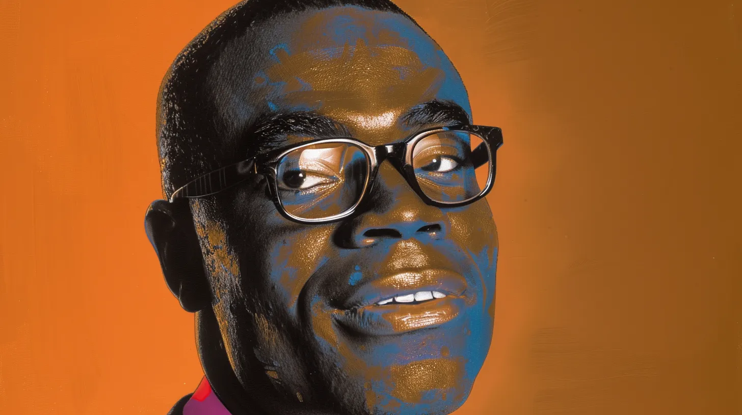 Don Thompson painted portrait © History Oasis Don Thompson portrait wearing black-framed glasses against an orange background