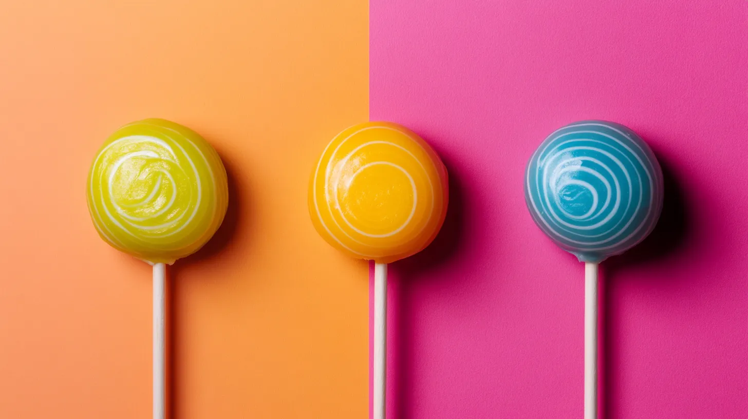 Yellow, orange and blue swirl lollipops on orange and pink background