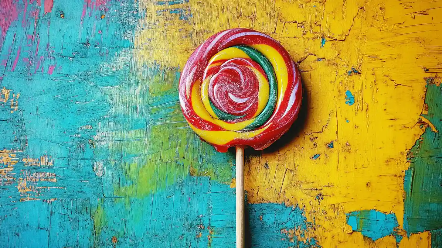 Red, yellow and green swirl lollipop on weathered painted wood