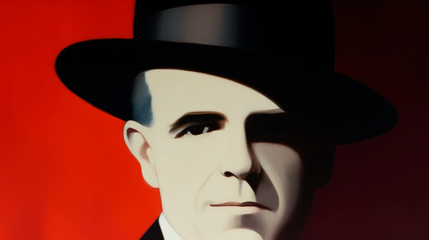 Stern man in a black fedora © History Oasis Stylized painting of a stern man in a black fedora on red