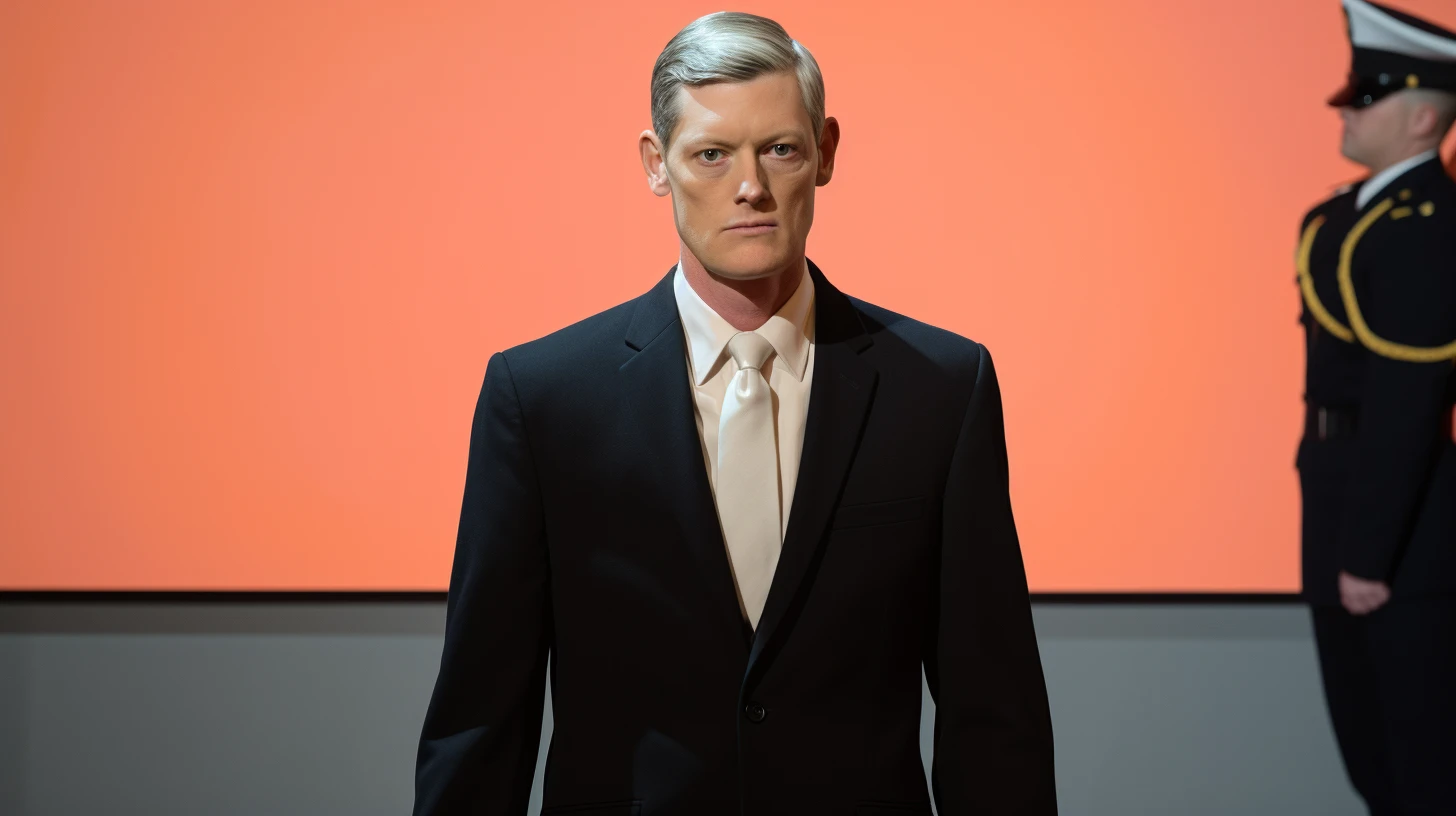 Executive in a dark suit beside a Marine officer © History Oasis Executive in a dark suit with a Marine officer in dress uniform behind