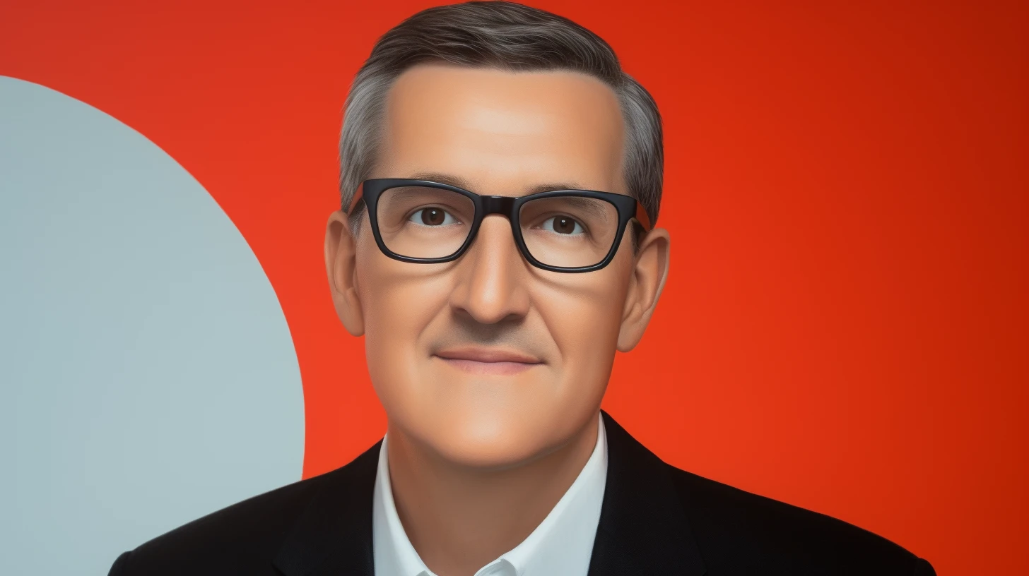 Gray-haired executive in black glasses © History Oasis Illustrated portrait of a gray-haired executive in black glasses on red