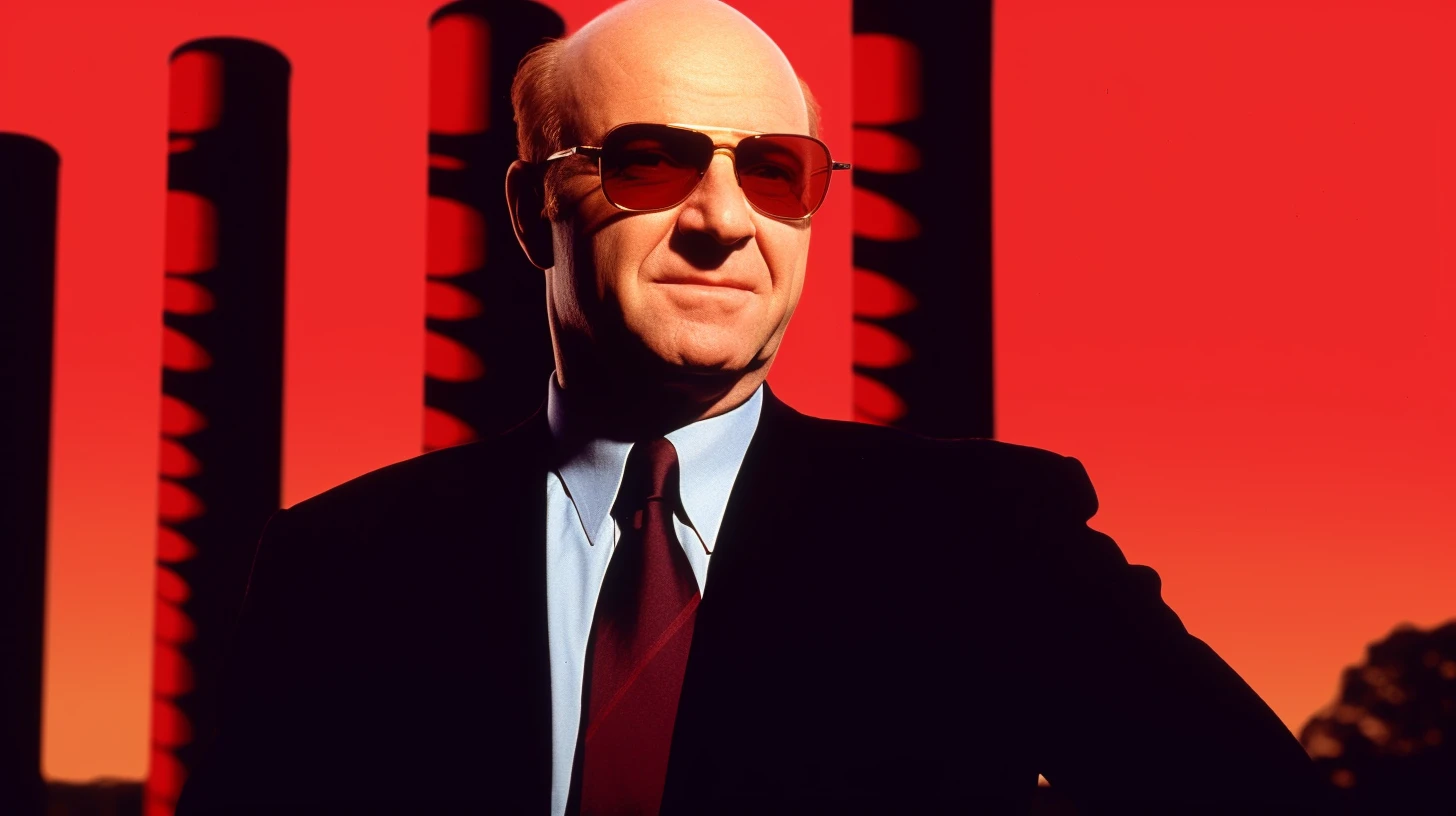 Bald executive in aviator sunglasses © History Oasis Bald executive in aviator sunglasses against a red sky and columns
