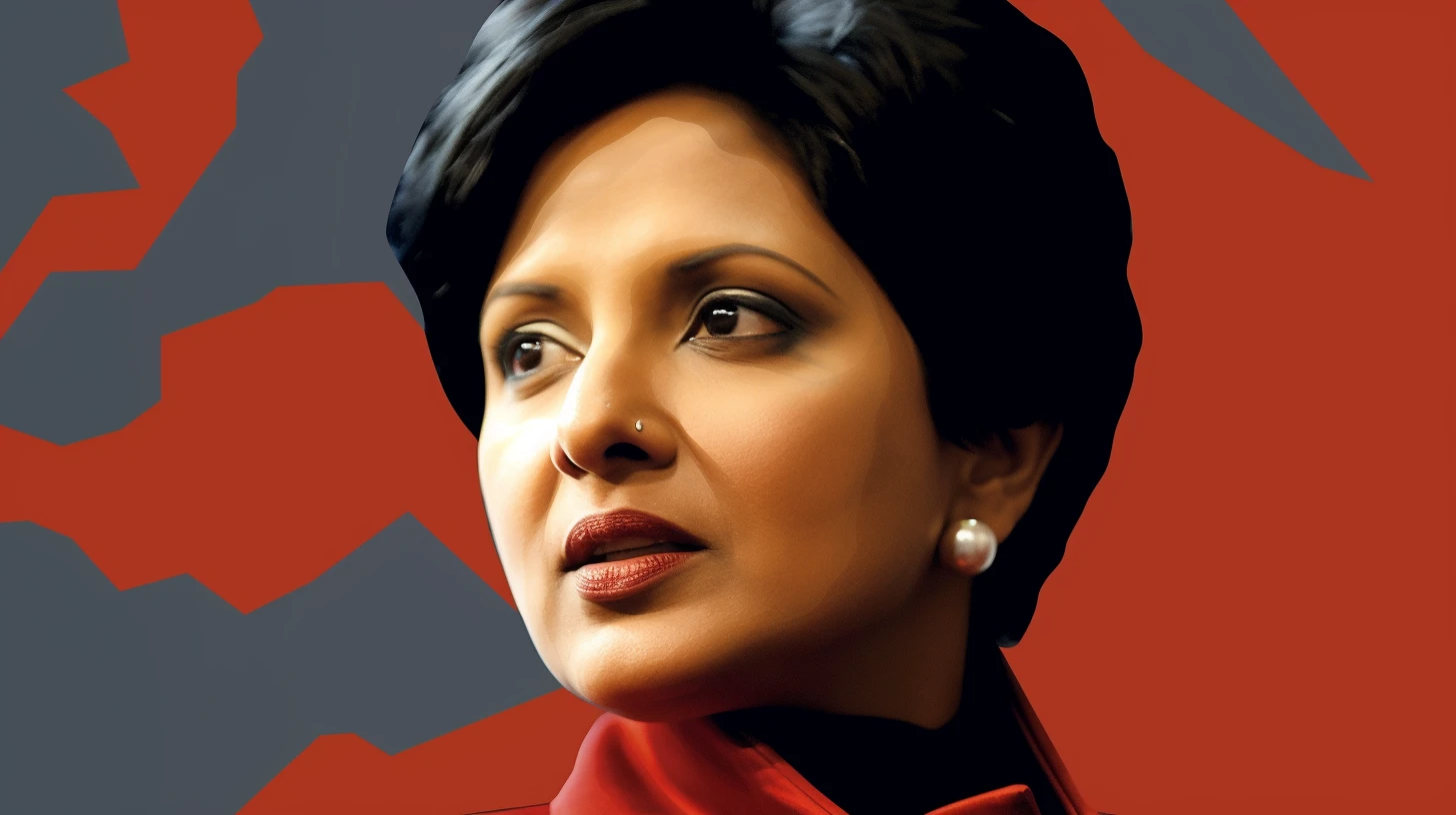 Indra Nooyi in a red jacket © History Oasis Painted portrait of Indra Nooyi in a red jacket with pearl earring