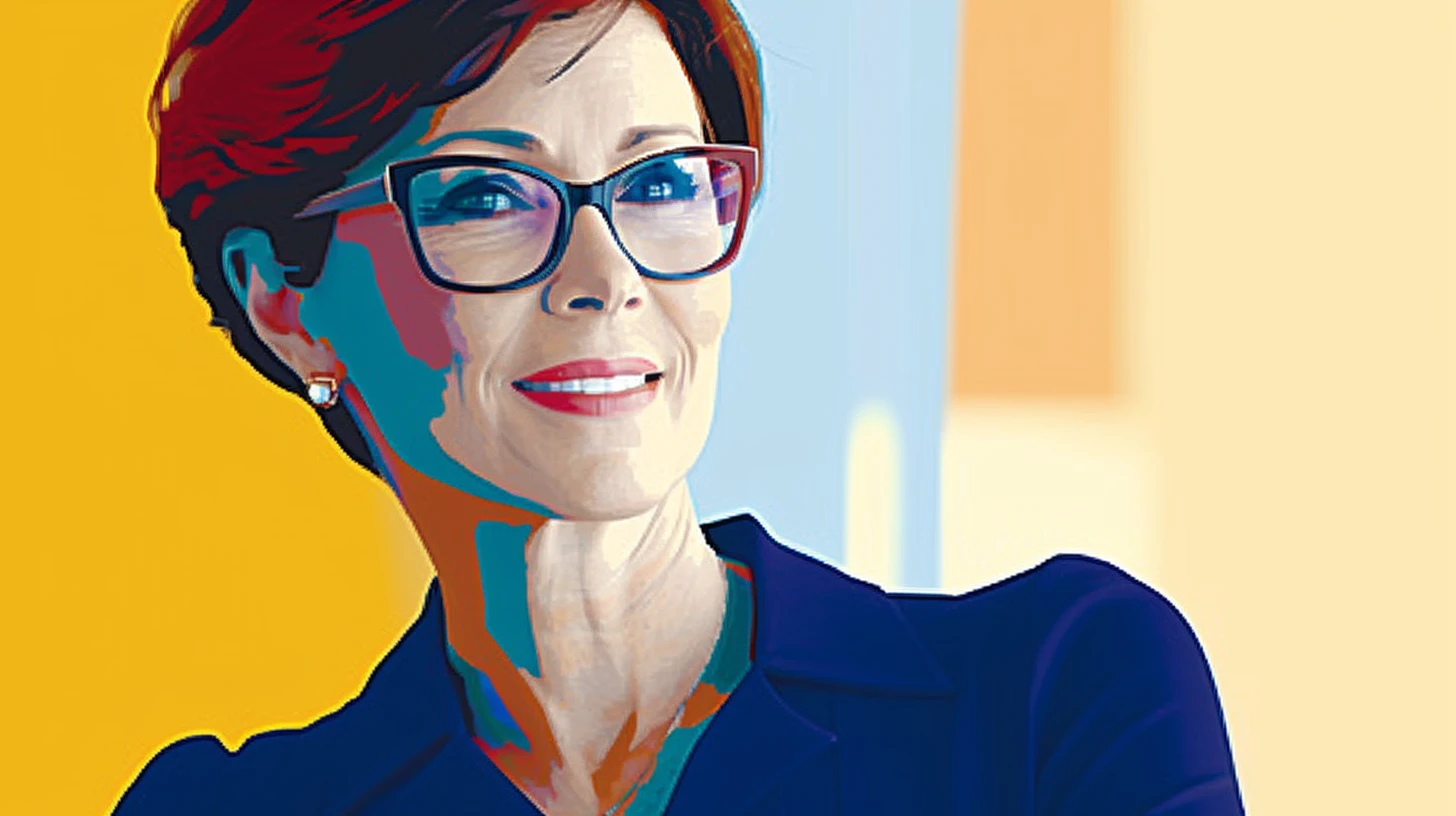 Auburn-haired woman in cat-eye glasses and a navy blazer, yellow background © History Oasis Auburn-haired woman in cat-eye glasses and a navy blazer, yellow background