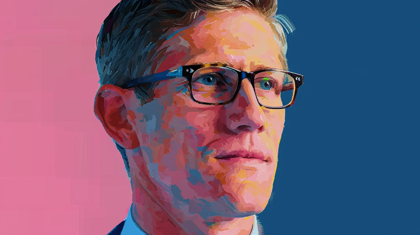 Blond man in heavy black-framed glasses on pink and blue background © History Oasis Blond man in heavy black-framed glasses on pink and blue background