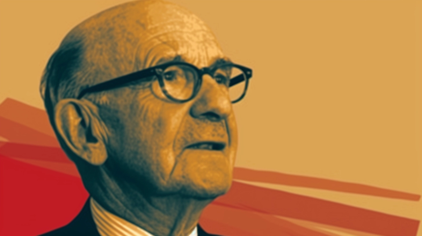 Allan Lockheed portrait, elderly founder in round glasses on gold background