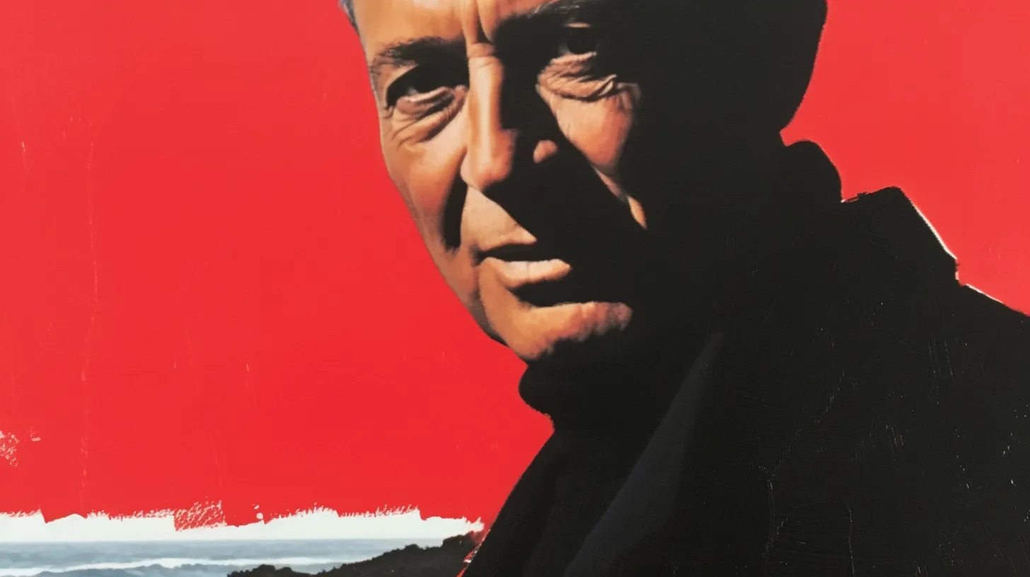 Daniel Tellep portrait, dark overcoat against red background
