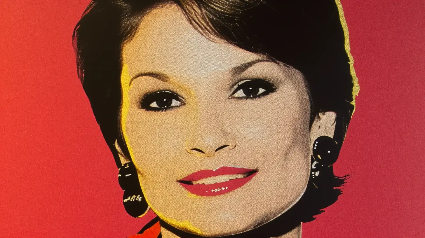 Marillyn Hewson portrait, short dark hair and black earrings on red