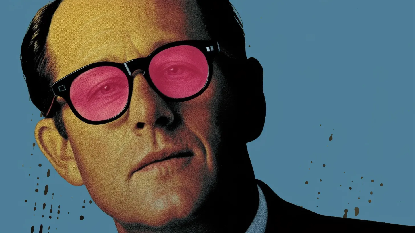 Vance Coffman portrait, pink-tinted glasses and dark suit on blue