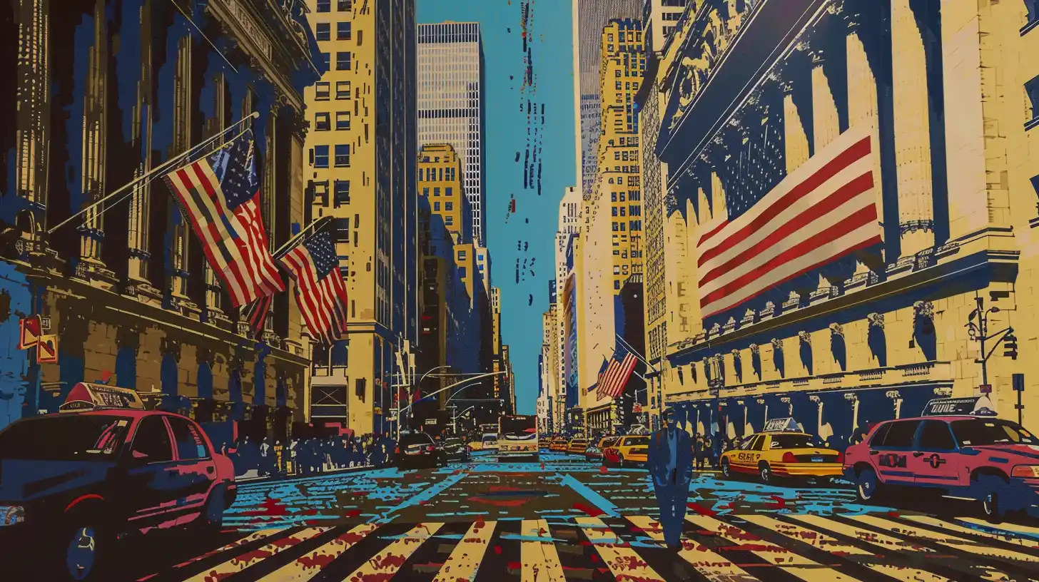 Pop art illustration of Wall Street with American flags and taxis