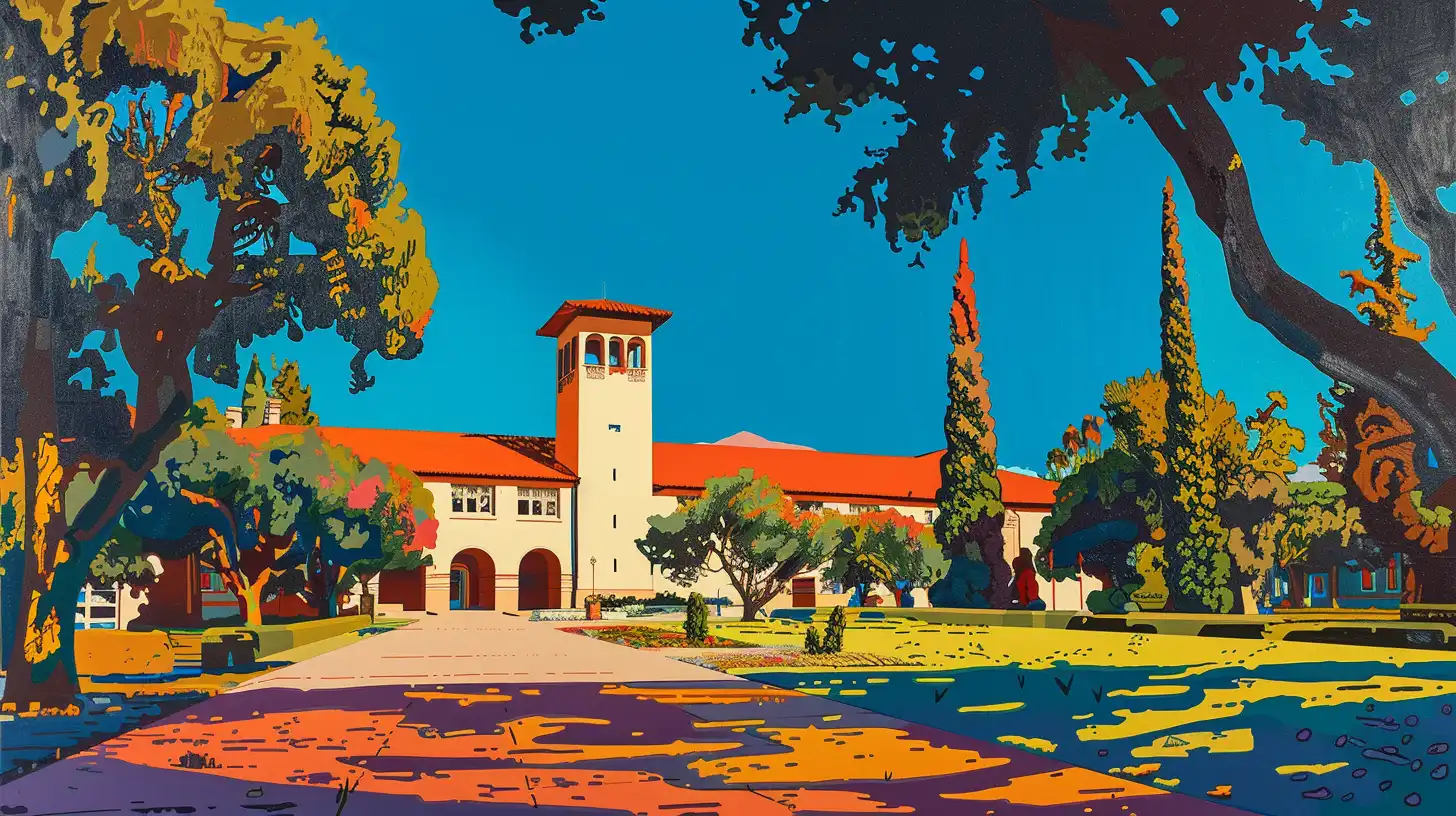 Colorful illustration of the Stanford University campus and tower