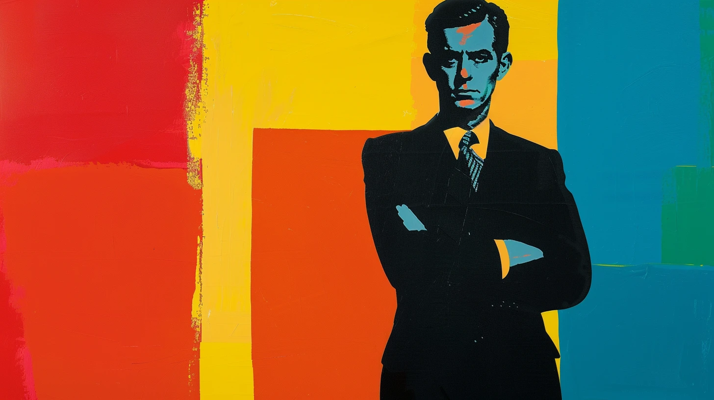 Pop art portrait of a stern executive with crossed arms representing Karl H. Hinke, founder of the Interbank Card Association that became Mastercard