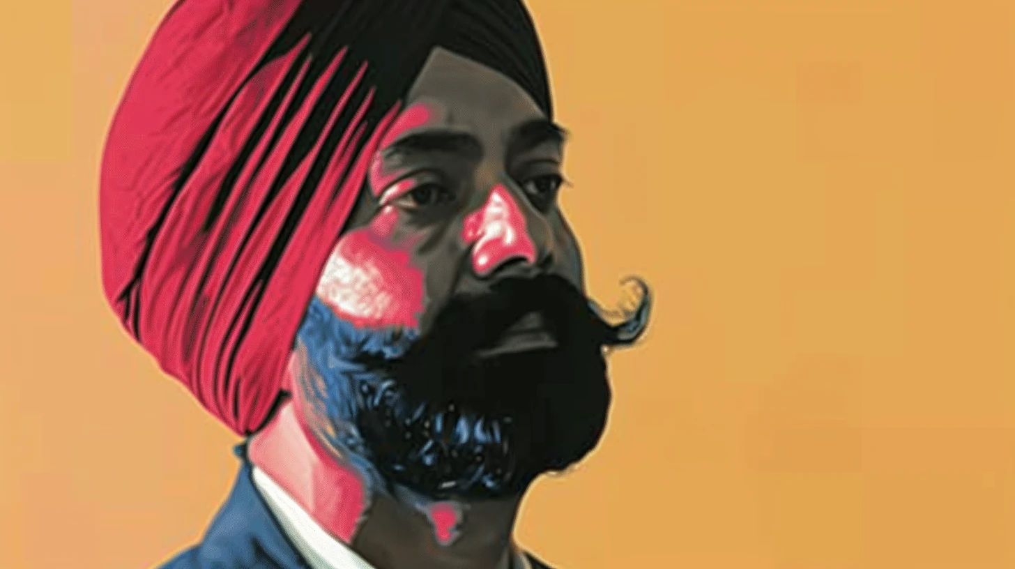 Pop art portrait of Ajay Banga wearing a red turban, Mastercard CEO from 2010 to 2020
