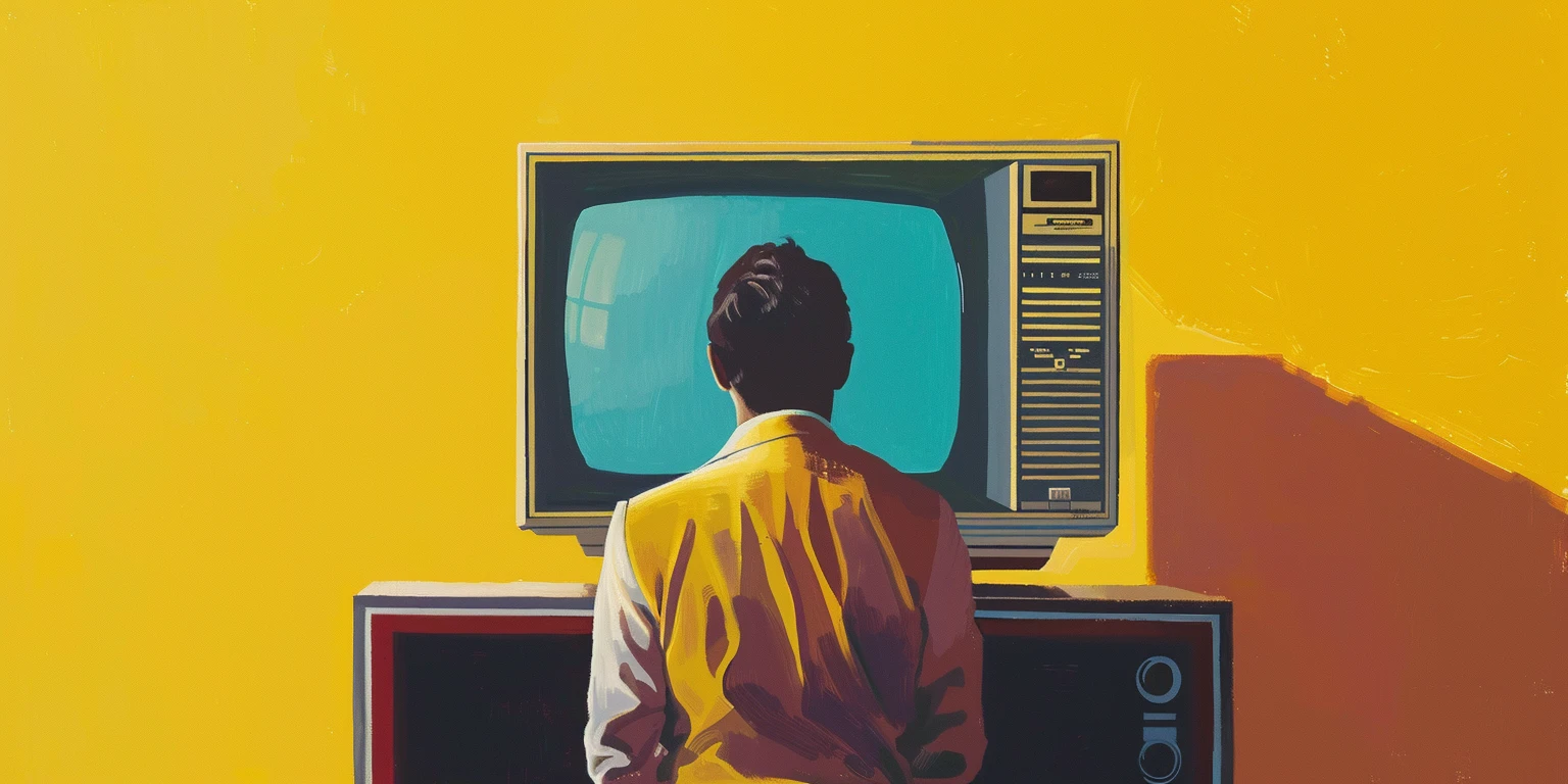 © History Oasis Man watching a vintage boxy television set against a yellow wall © History Oasis