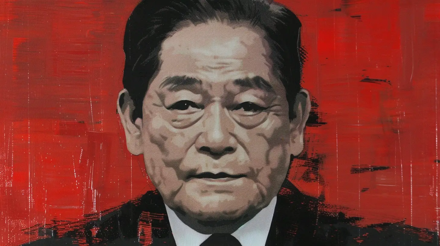 Painted portrait of an older man in a dark suit © History Oasis Painted portrait of an older man in a dark suit on red background