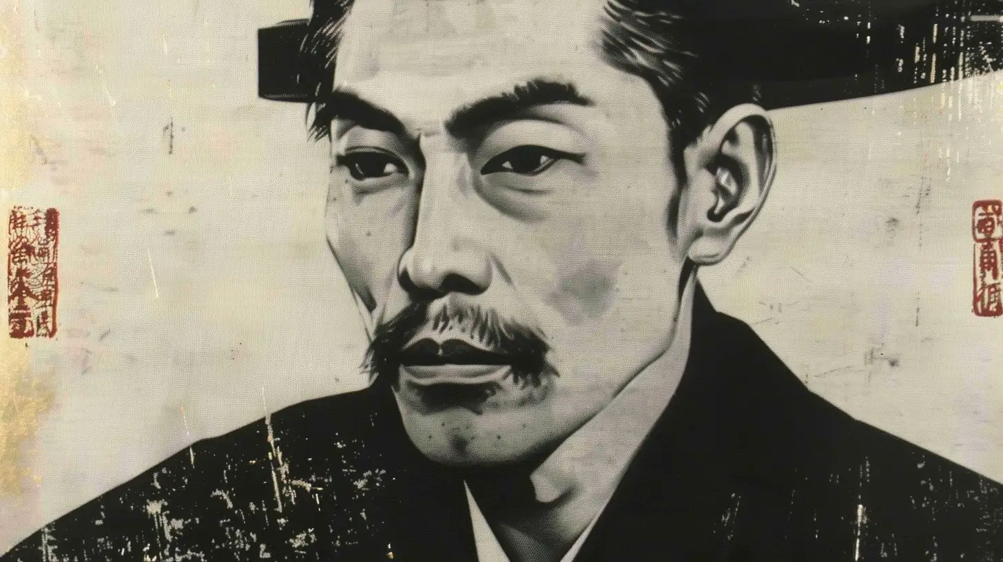 Illustrated portrait of a Meiji-era businessman © History Oasis Black-and-white drawing of a mustached man beside red seal stamps