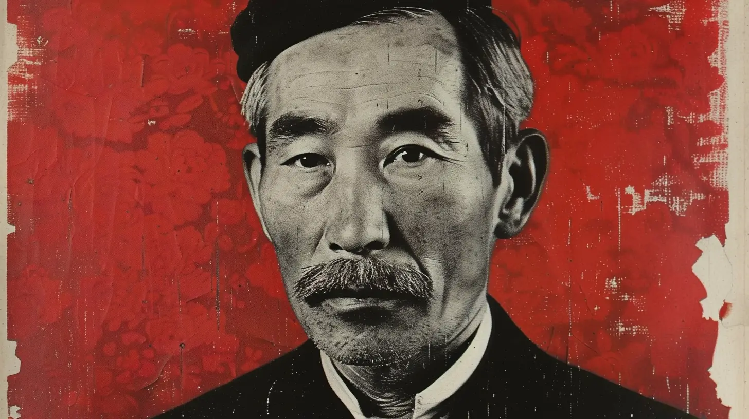 Illustrated portrait of an early-1900s businessman © History Oasis Elderly mustached man in a dark suit against a red background