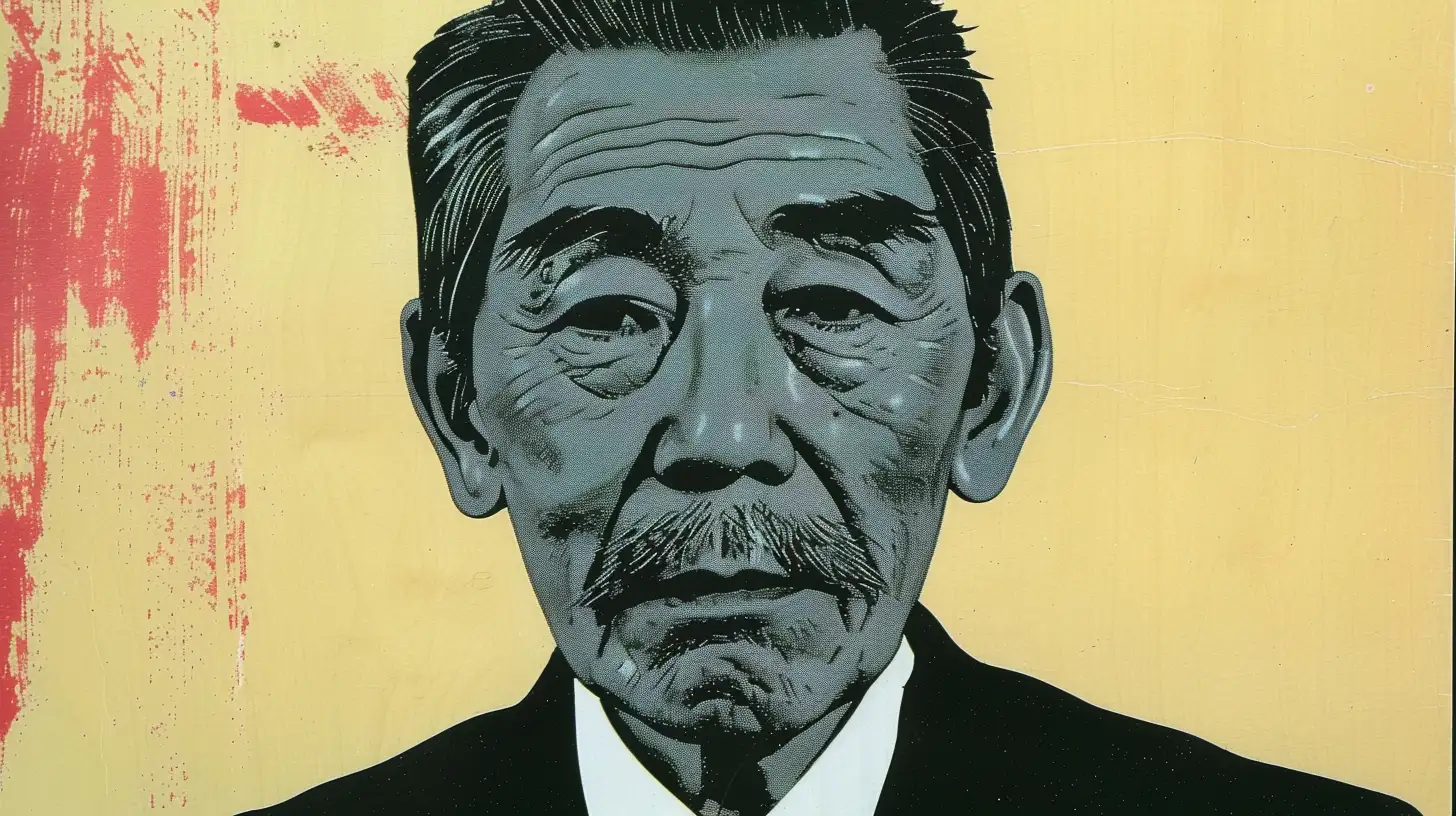 Illustrated portrait of a 1980s businessman © History Oasis Comic-style portrait of an older mustached man in a dark suit