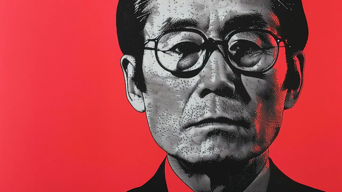 Illustrated portrait of a 1970s businessman © History Oasis Screenprint portrait of a bespectacled man on a red background