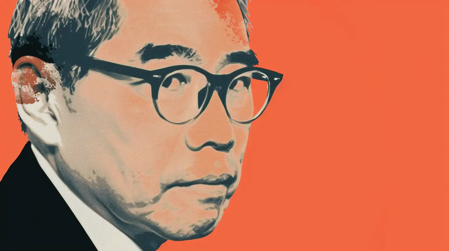 Illustrated portrait of a present-day businessman © History Oasis Screenprinted portrait of a greying man in glasses on orange