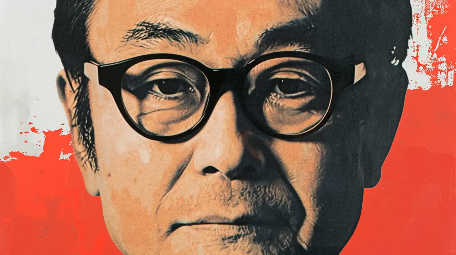 Illustrated portrait of a 2010s businessman © History Oasis Halftone portrait of a man in round black glasses on red