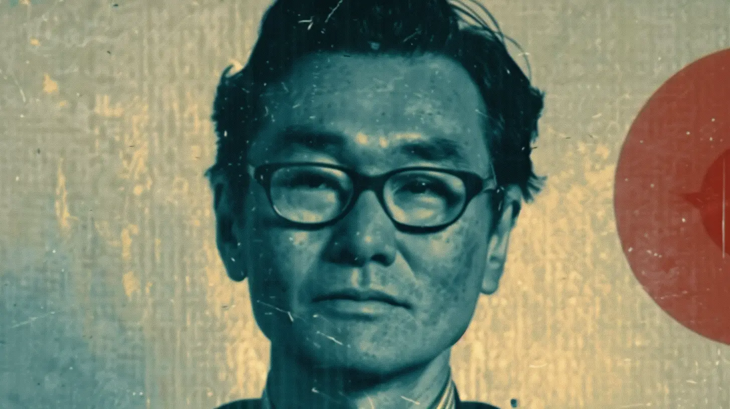 Illustrated portrait of a 1980s businessman © History Oasis Faded blue-toned portrait of a bespectacled man beside a red circle