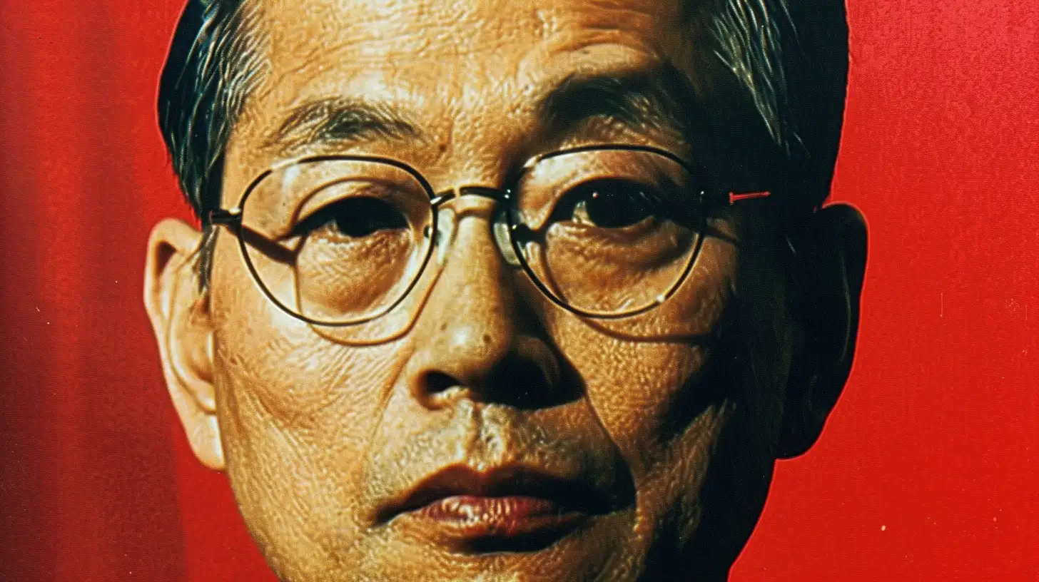 Illustrated portrait of a 1990s businessman © History Oasis Close-up portrait of an older man in wire glasses on red