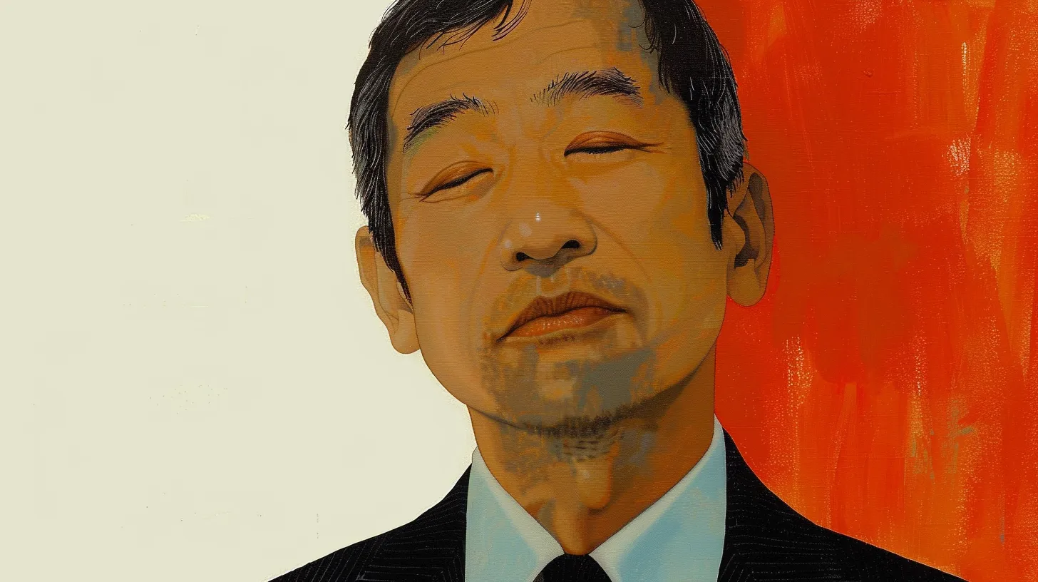 Illustrated portrait of a 2000s businessman © History Oasis Painted portrait of a suited man with closed eyes, orange background