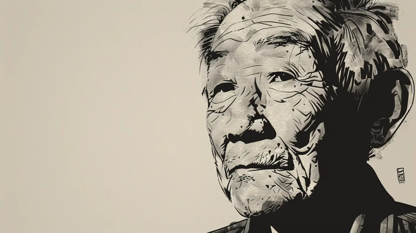 Illustrated portrait of a 1980s businessman © History Oasis Ink-sketch portrait of a deeply wrinkled elderly man on cream