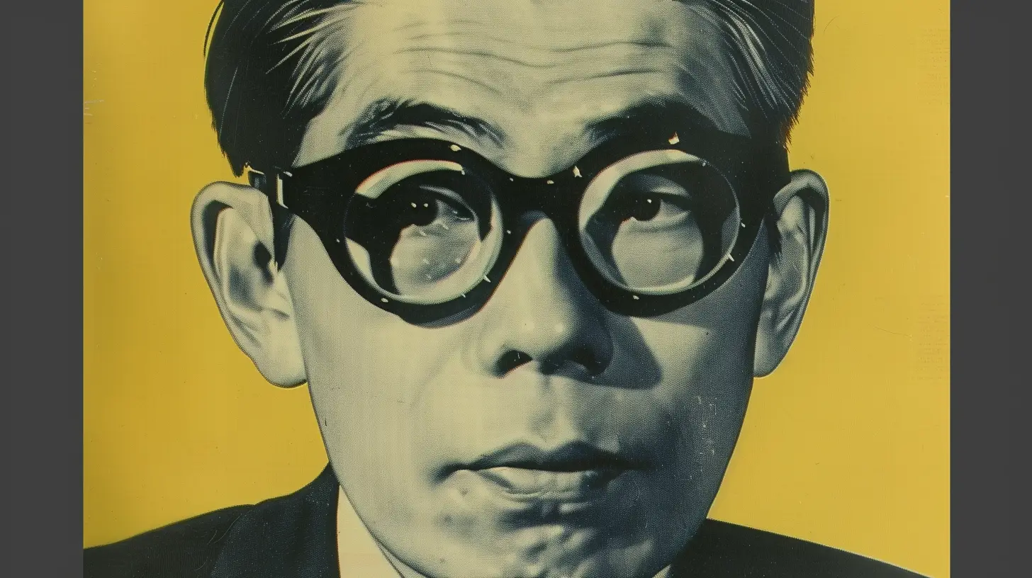 Masaru Ibuka portrait, Sony co-founder in round black glasses on yellow