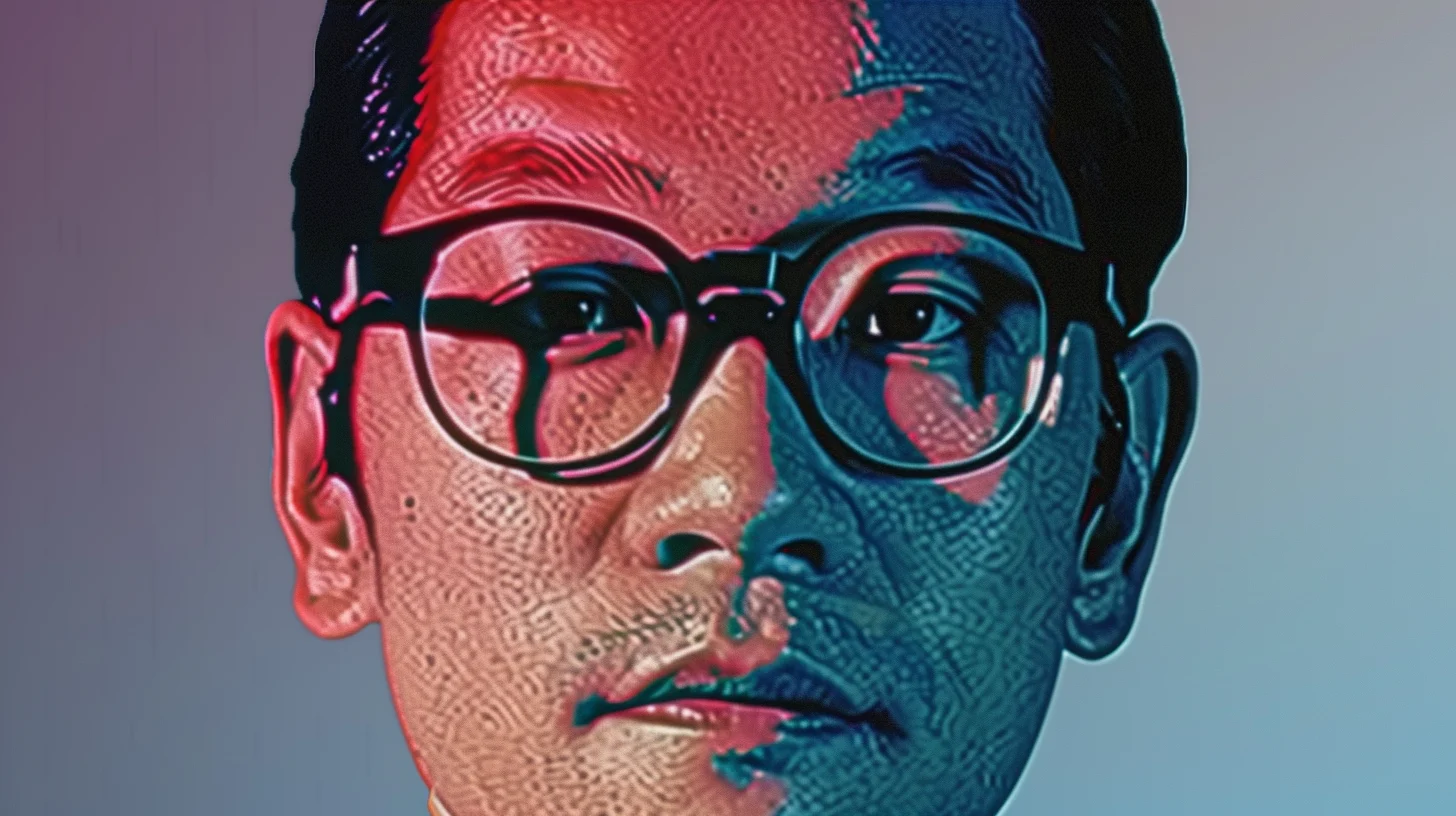 Norio Ohga portrait, round glasses in red and blue duotone