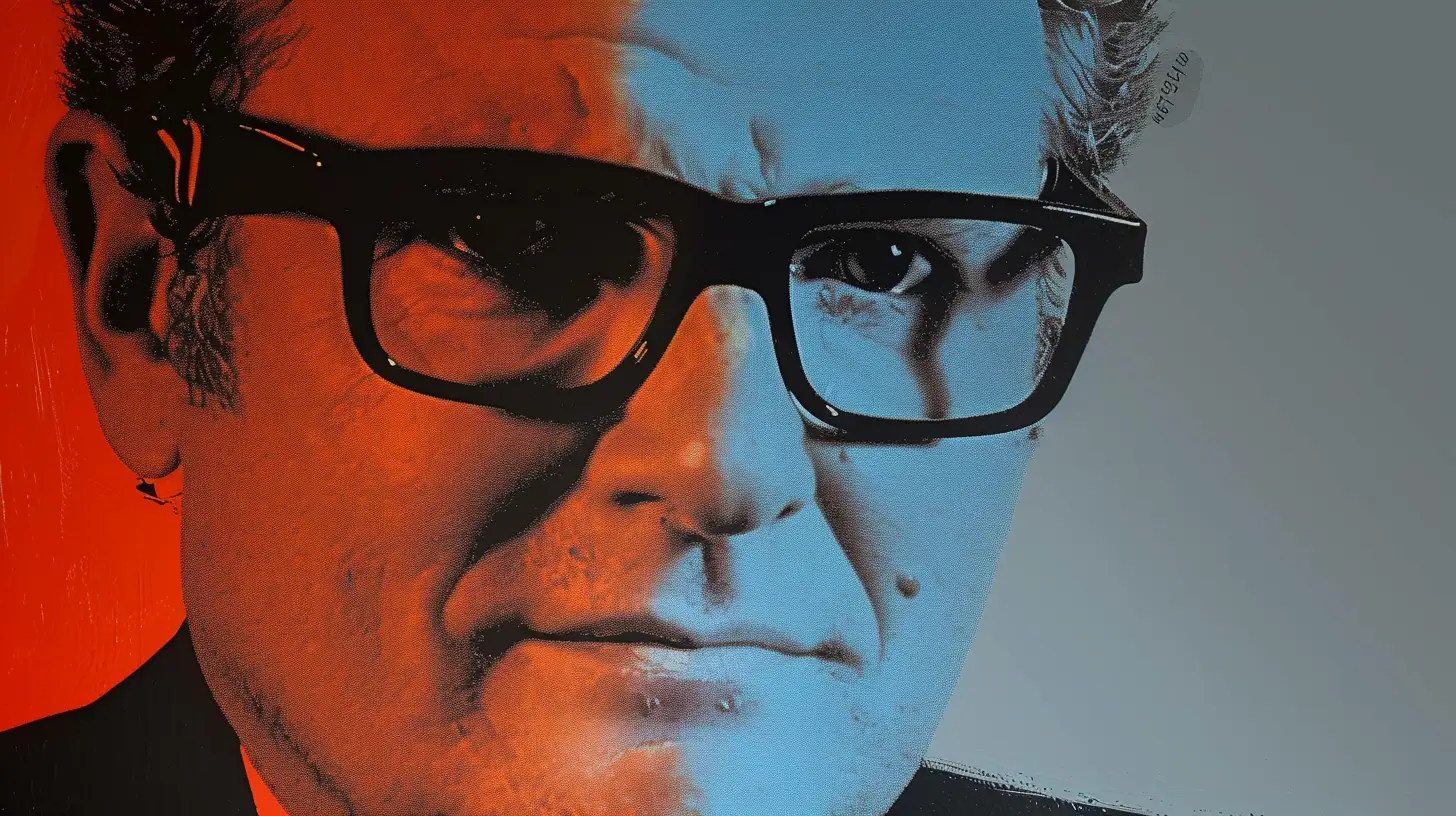 Howard Stringer portrait, heavy black glasses in orange and blue duotone