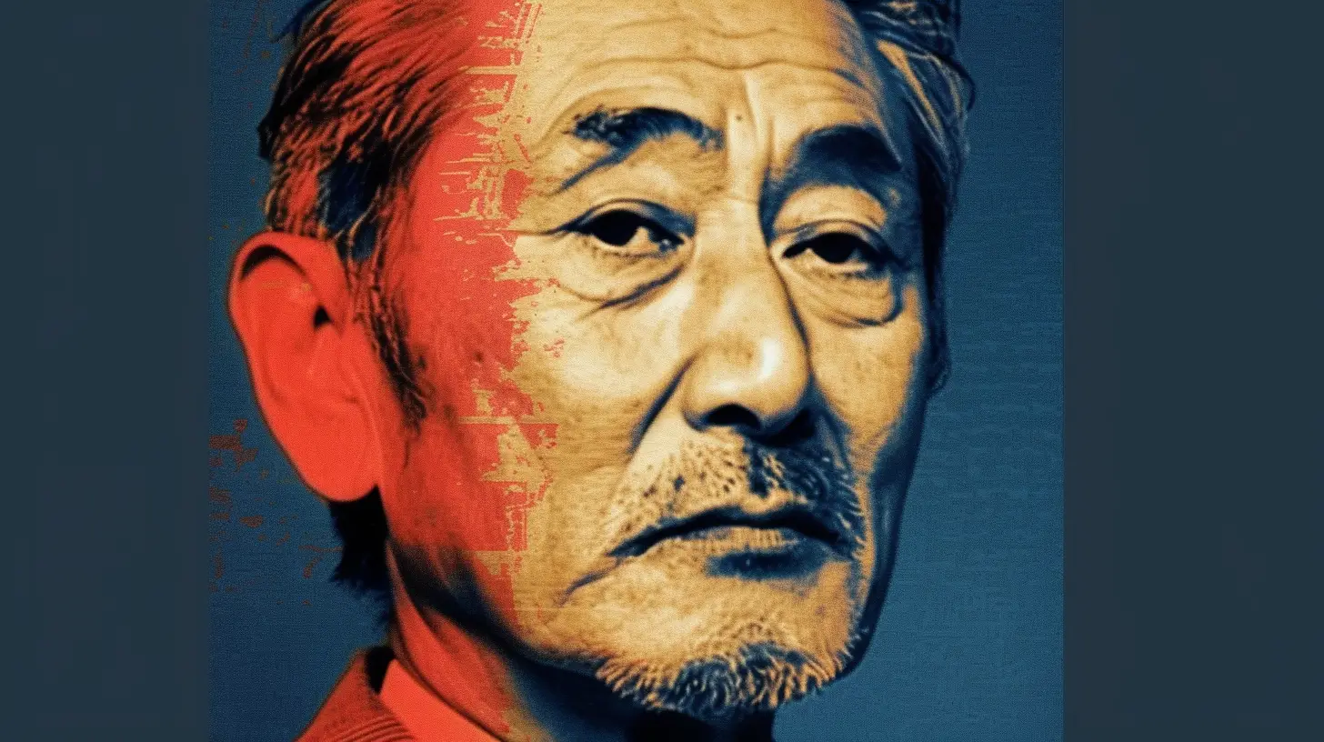 Kazuo Hirai portrait, greying mustache in red and blue duotone