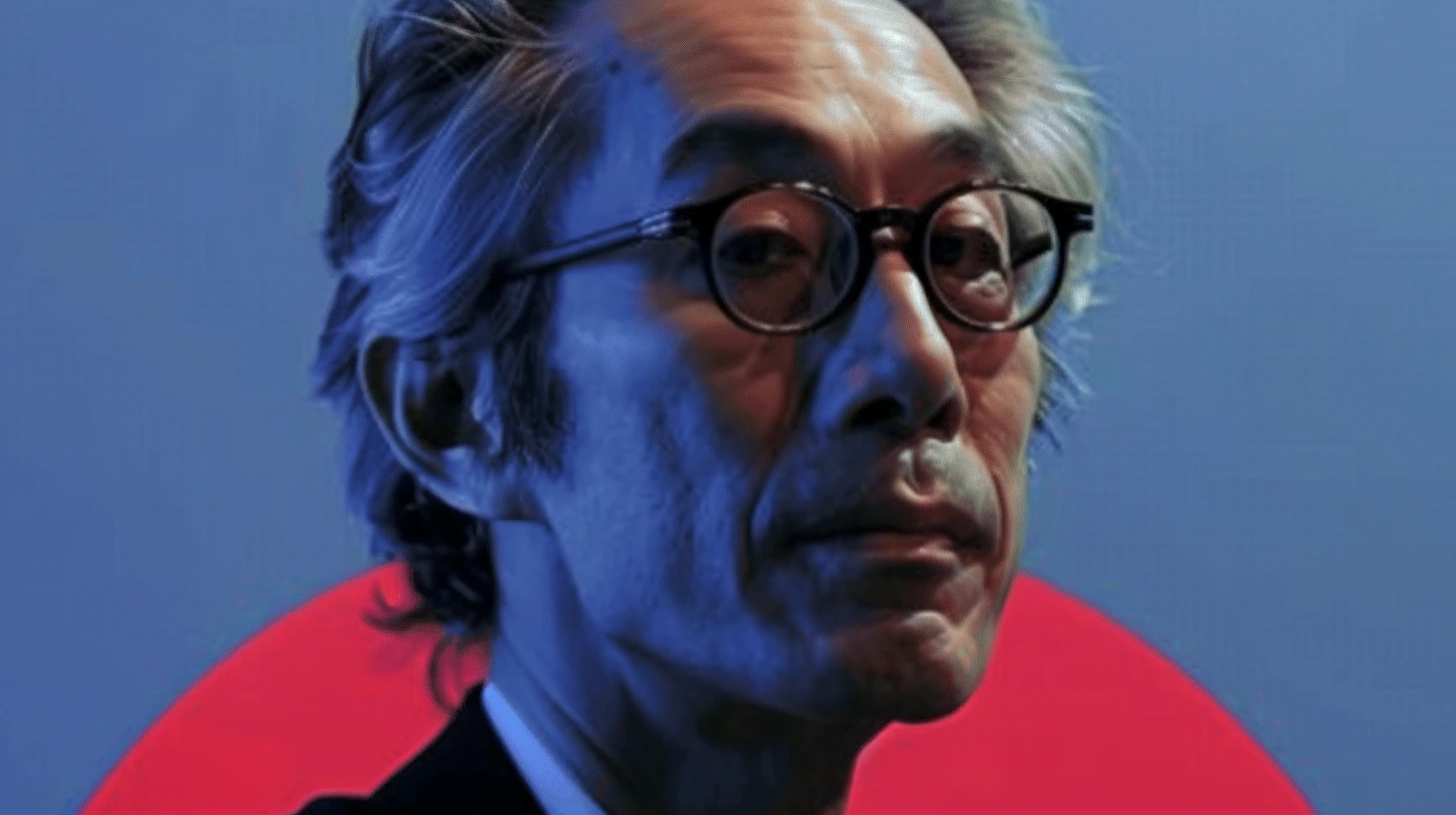 Kenichiro Yoshida portrait, round tortoiseshell glasses against red circle
