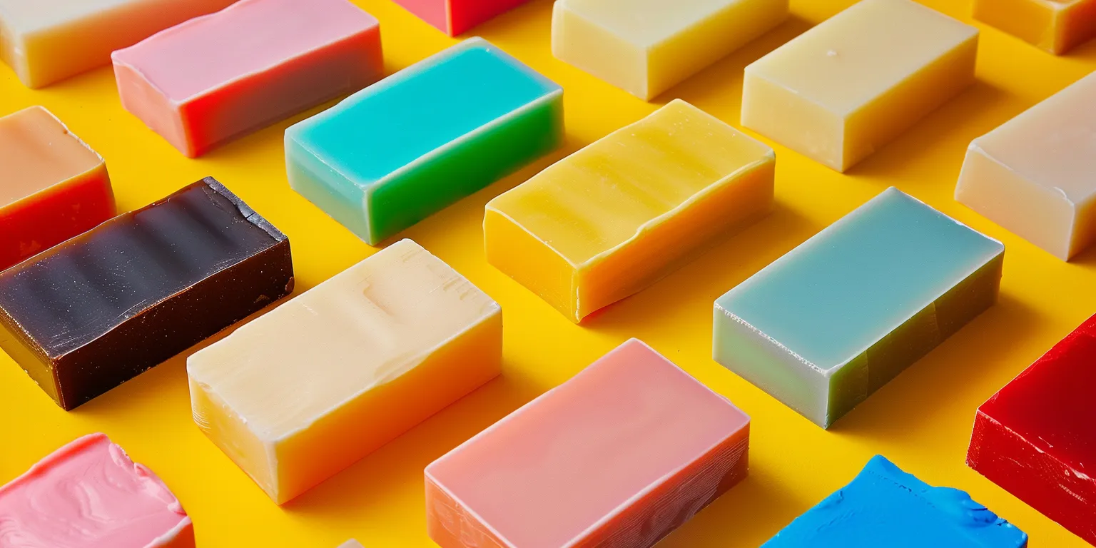 Colorful bars of soap © History Oasis Rows of colorful soap bars arranged on yellow background