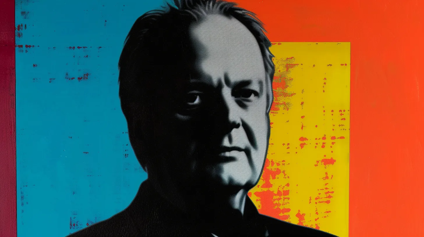 Screenprint-style portrait of a gray-haired man © History Oasis Screenprint-style portrait of gray-haired man on teal and orange