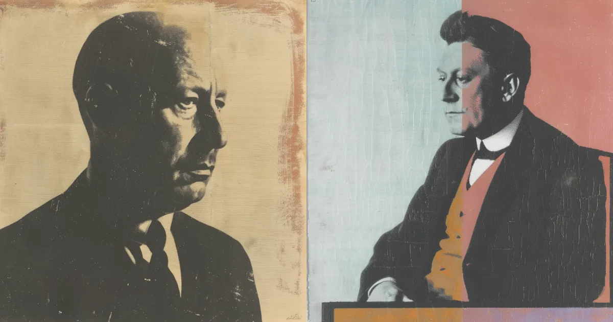 Illustrated portraits of two early industrialists © History Oasis Two illustrated portraits of early twentieth-century businessmen in suits