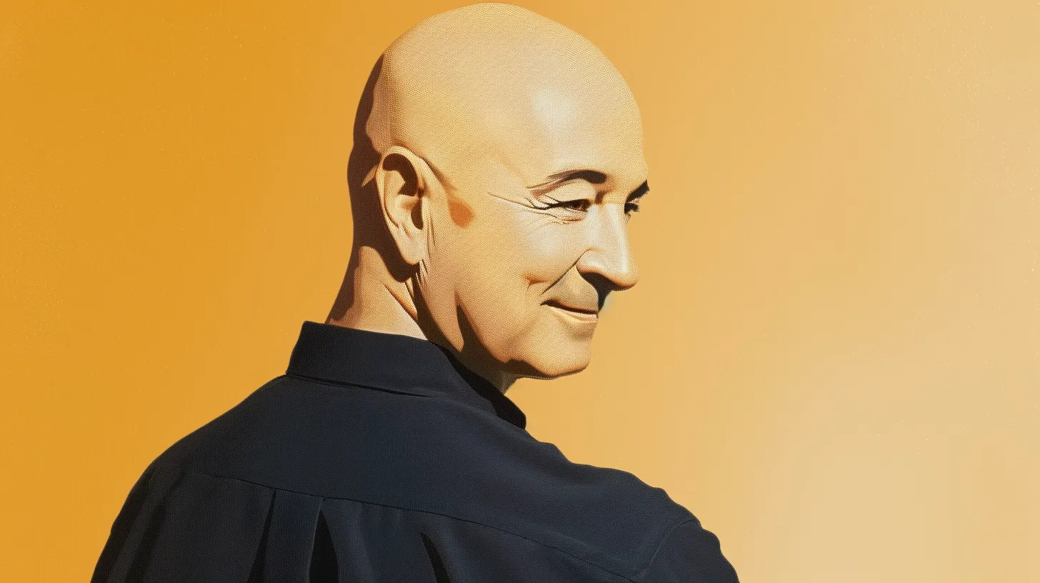 Illustrated profile portrait of a bald man © History Oasis Illustrated profile portrait of smiling bald man on orange background