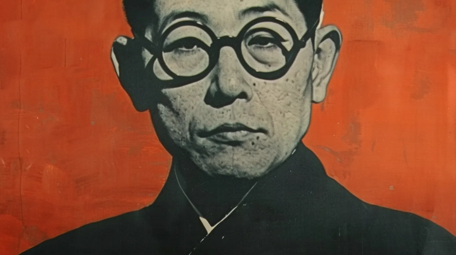 Michio Suzuki portrait with round glasses on orange background