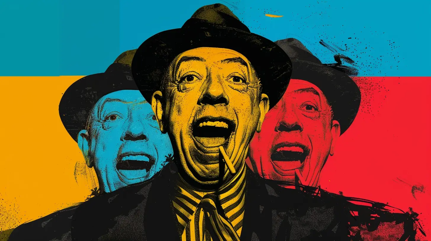 Bert Lahr mid-holler in a fedora © History Oasis Screen-print triptych of Bert Lahr shouting in a fedora and tie